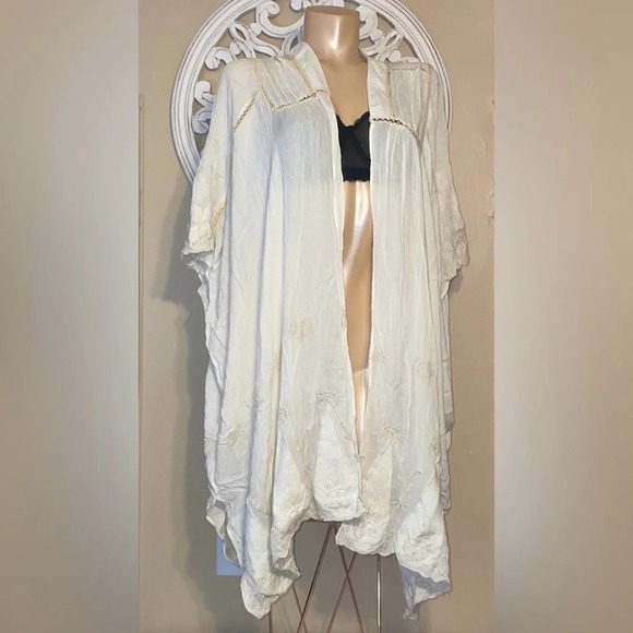 Anthropologie Elevenses women’s large XL cardigan duster cream kimono embroider - Picture 2 of 9